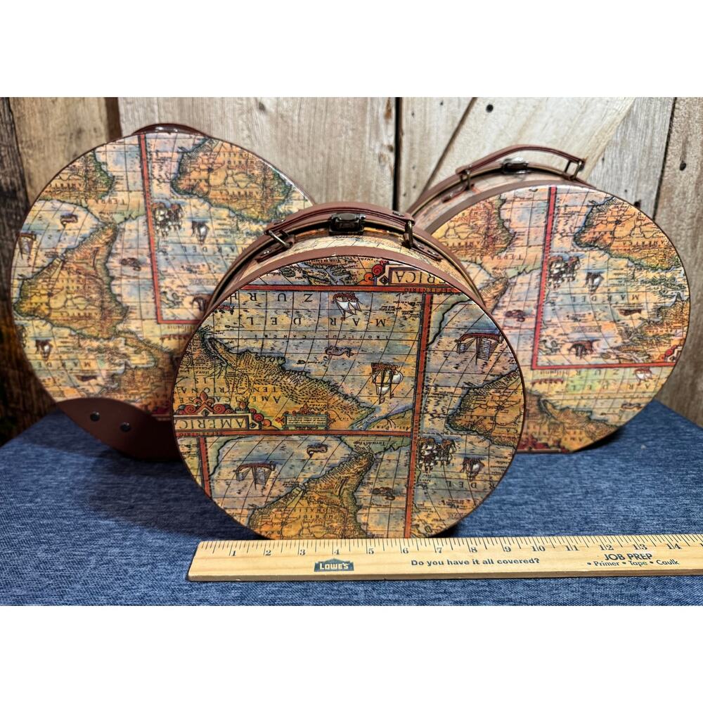 Vintage Old World Map Cardboard Nesting Hatbox Storage Metal Push Lock Accents - Picture 4 of 13